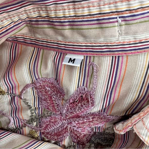 Johnny Was Striped Embroidered Floral Button Up Size M Women's Top Shirt Blouse - Picture 11 of 12